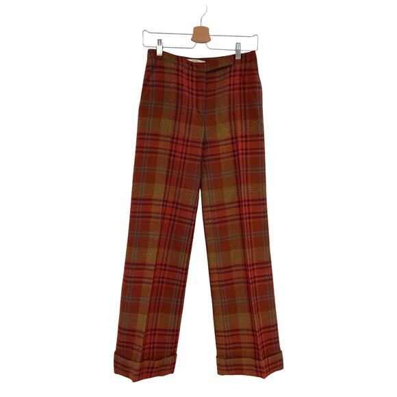 Valentino Pants - Valentino Plaid Wool Pants Red Brown Straight Leg Cuffed Trouser Womens 4